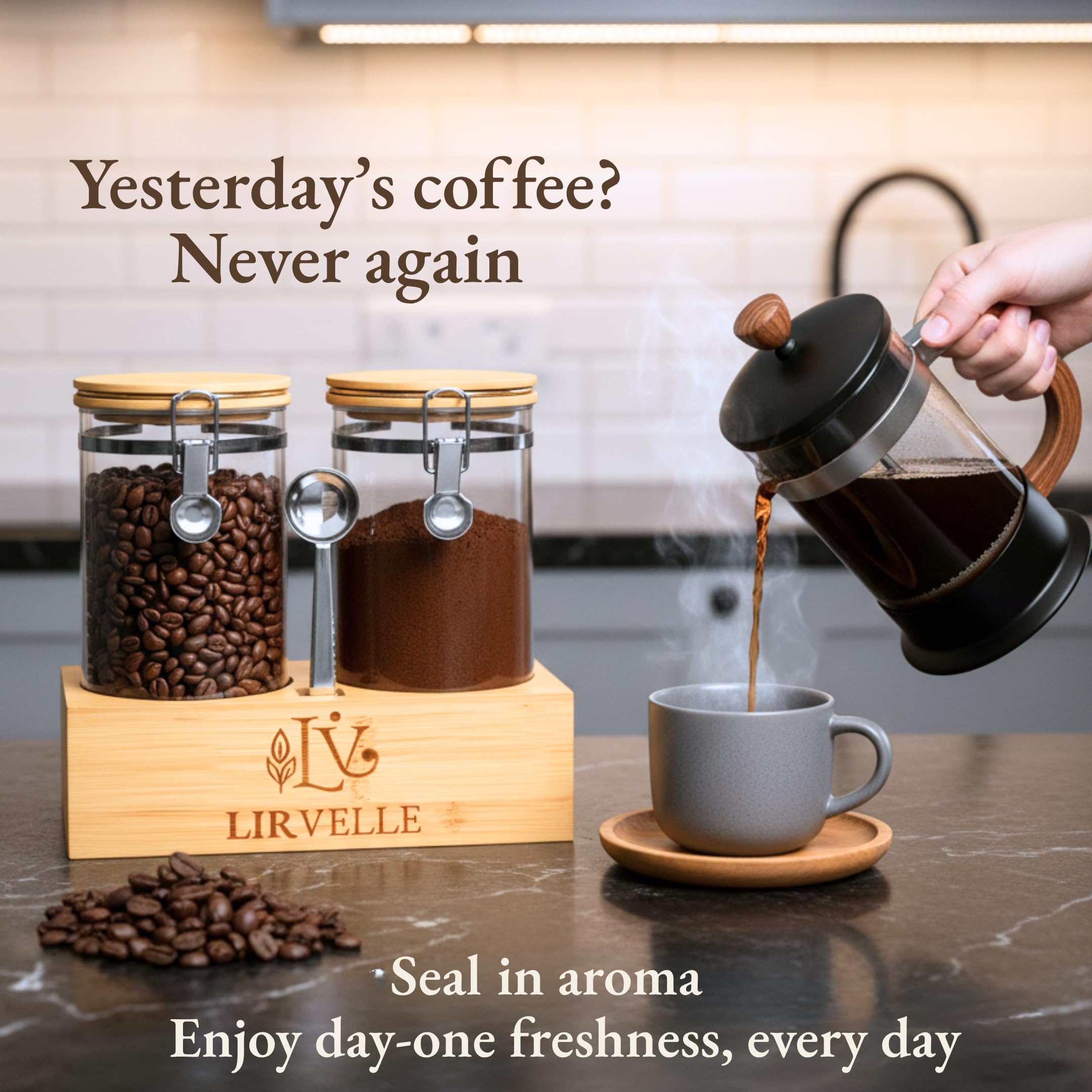 Lirvelle glass container stores beans and grounds dry and fresh.