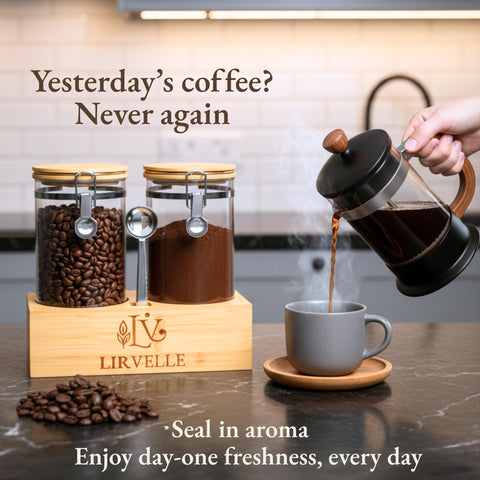 Lirvelle glass container stores beans and grounds dry and fresh.