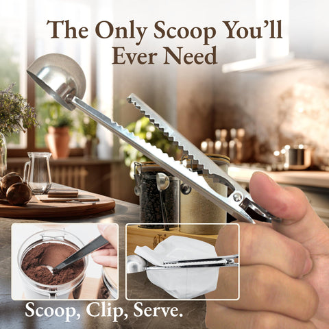Lirvelle stainless steel scoop doubles as a scoop and bag clip.