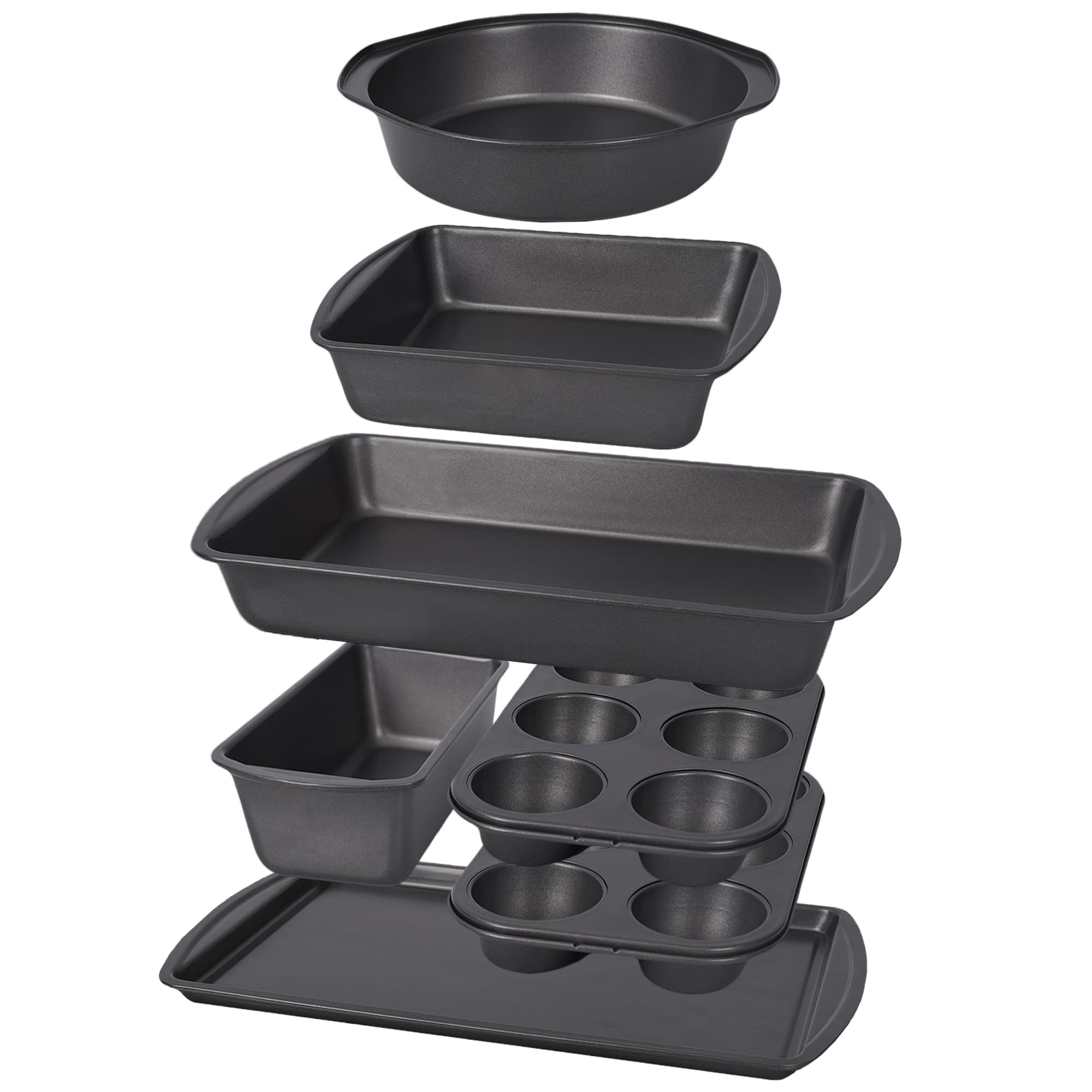 LISI 7 piece baking pans set shown together highlighting versatility for cakes muffins loaves and roasts