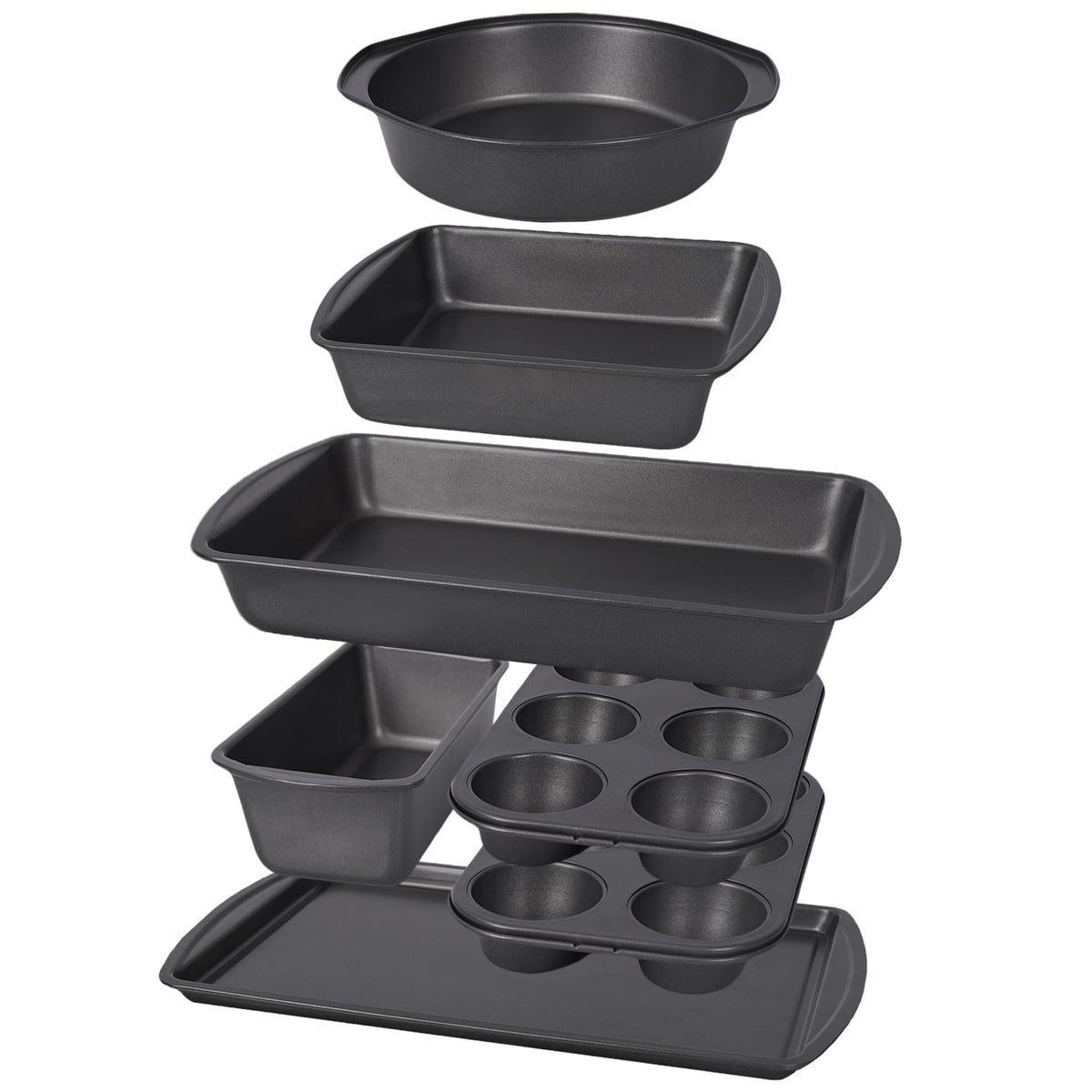 LISI 7 piece baking pans set shown together highlighting versatility for cakes muffins loaves and roasts