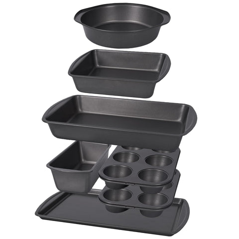 LISI 7 piece baking pans set shown together highlighting versatility for cakes muffins loaves and roasts