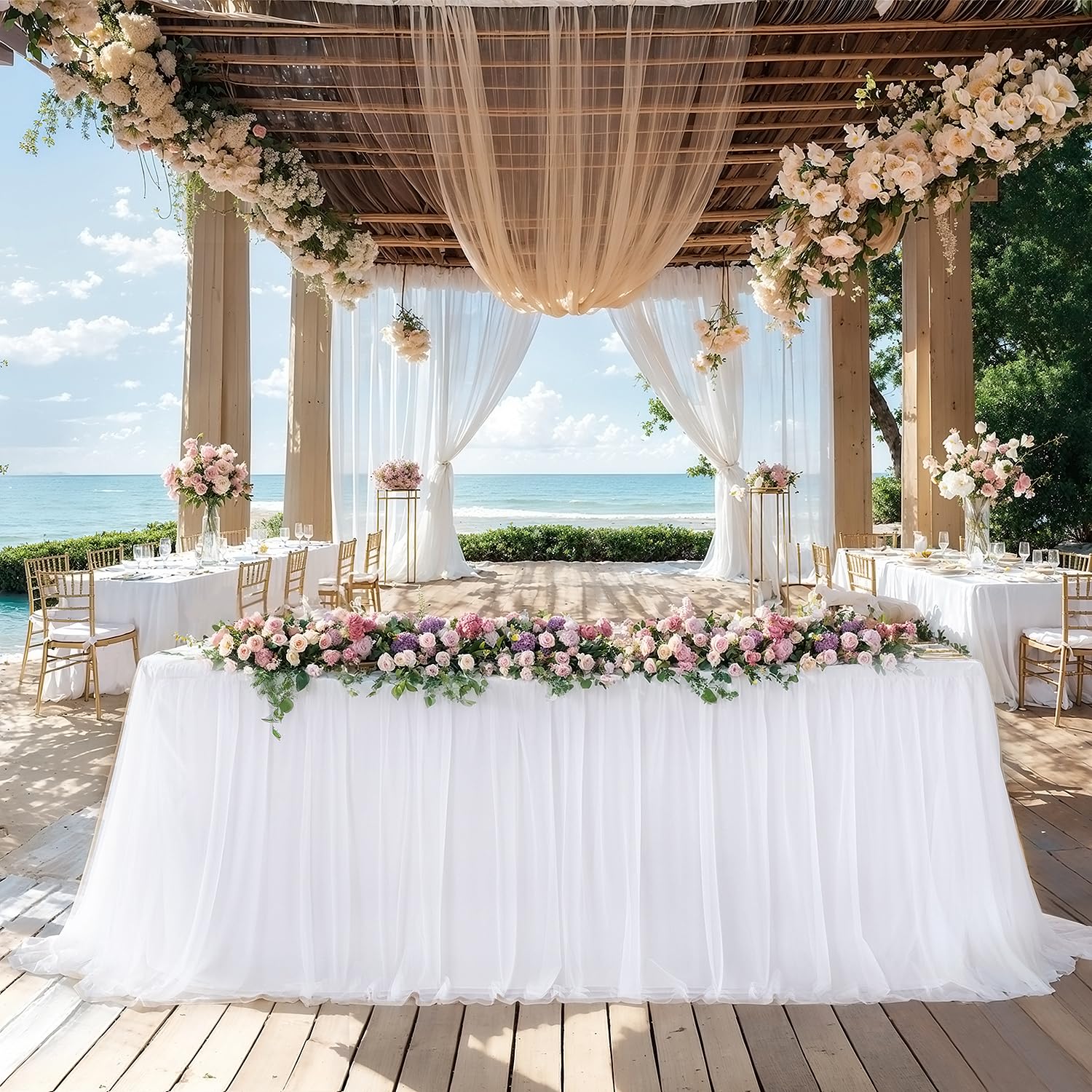 Little Funny white 6ft rectangle stretch ruffle tablecloth closeup highlights elegant tulle detail.