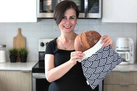 LittleMiddle beeswax bread bag storage setup on kitchen counter