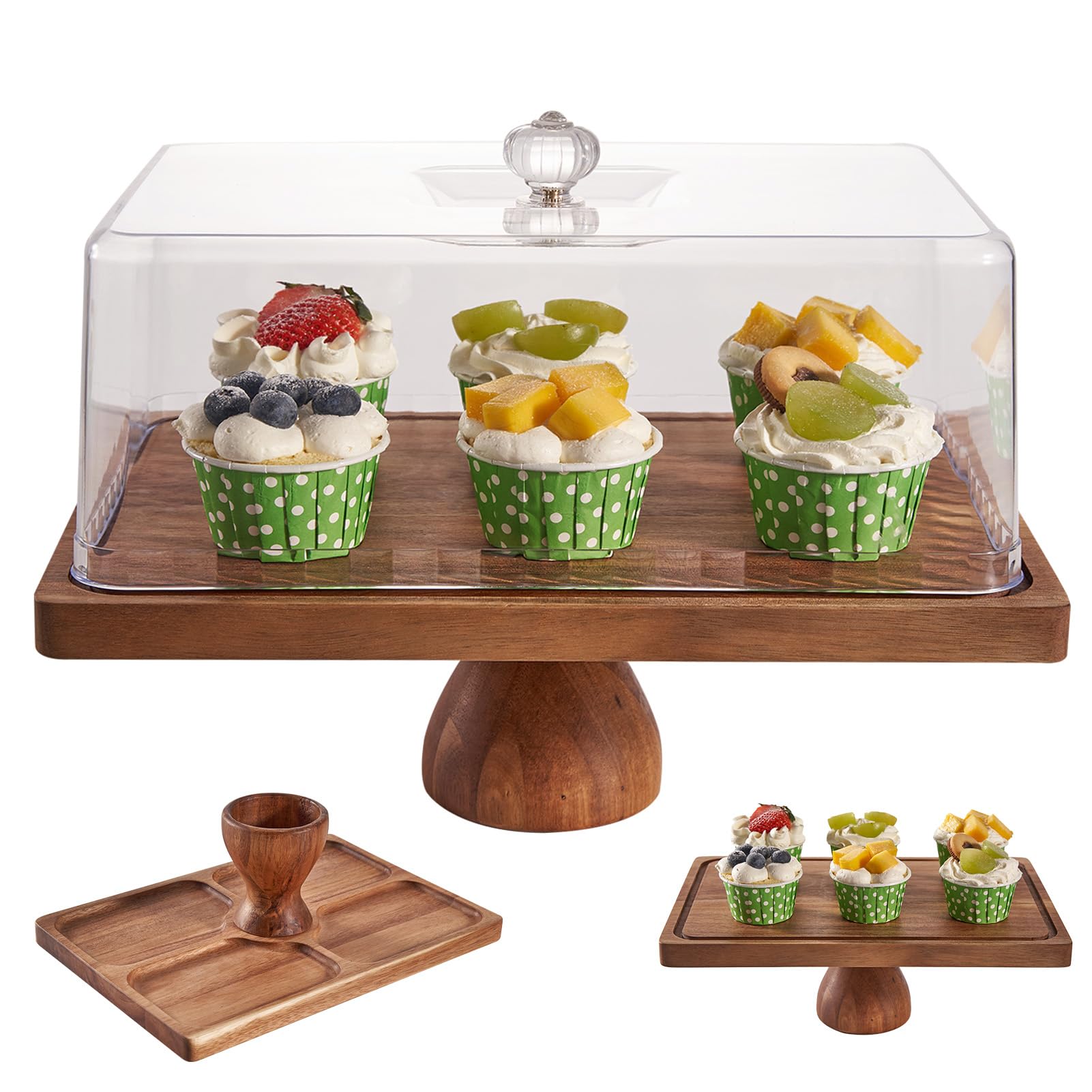 LiTY acacia 13in cake stand with dome highlights elegant dessert display and protection.