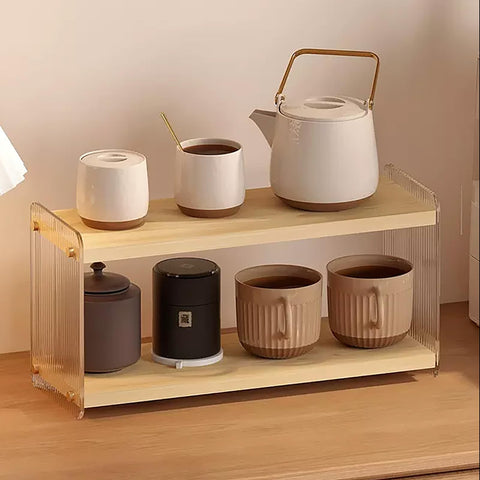 LiTY Coffee Bar Organizer featuring a wood-tone board and wavy acrylic sides for stylish storage