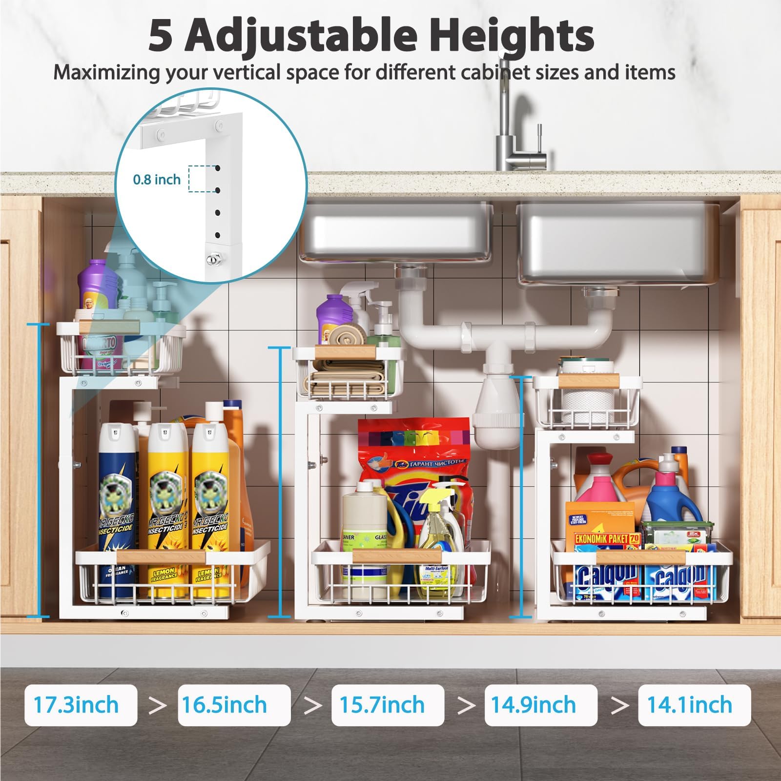 Liuoud adjustable height helps fit varied cabinet heights securely.