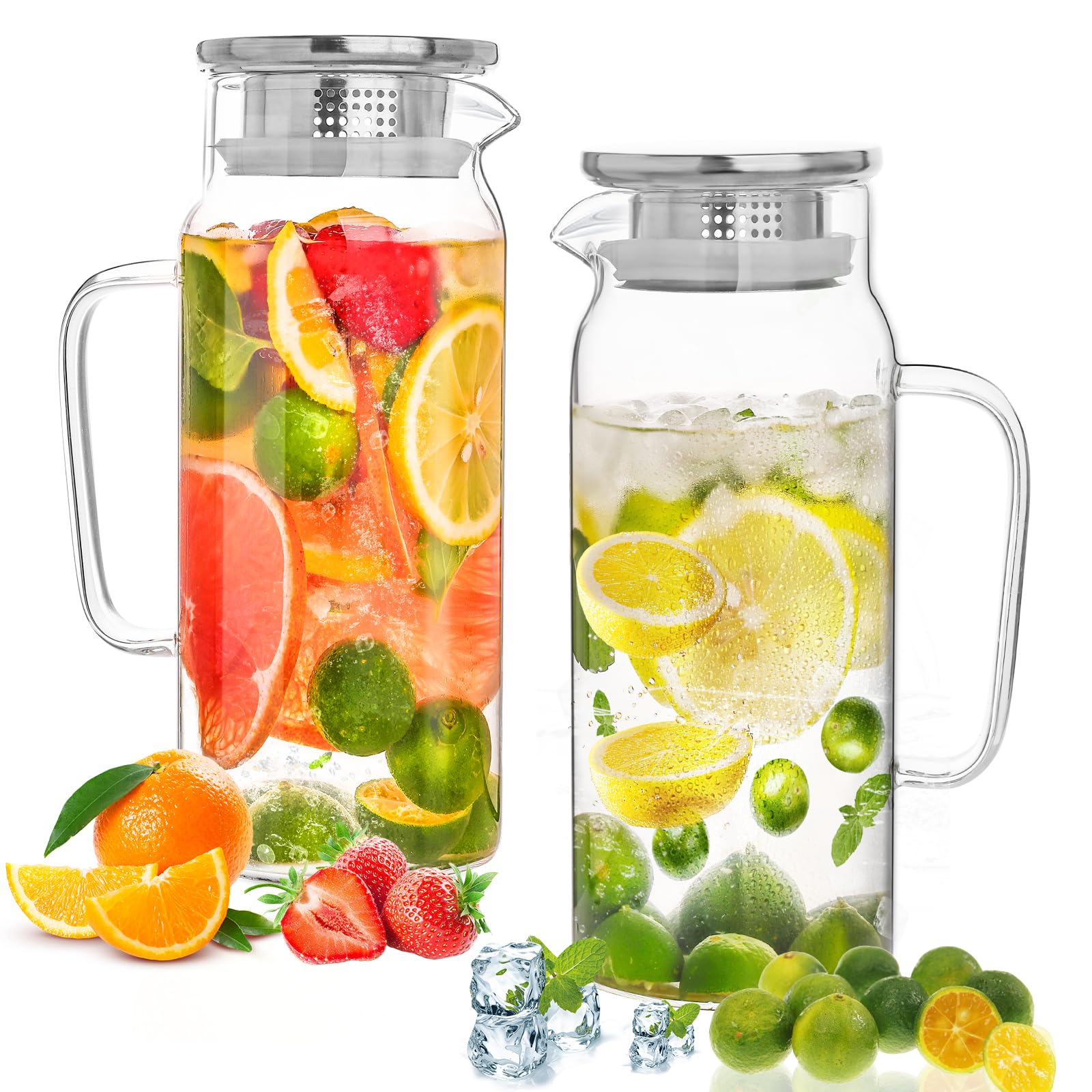 Liuruiyu glass pitcher front view, slim design for fridge door storage and easy pouring.