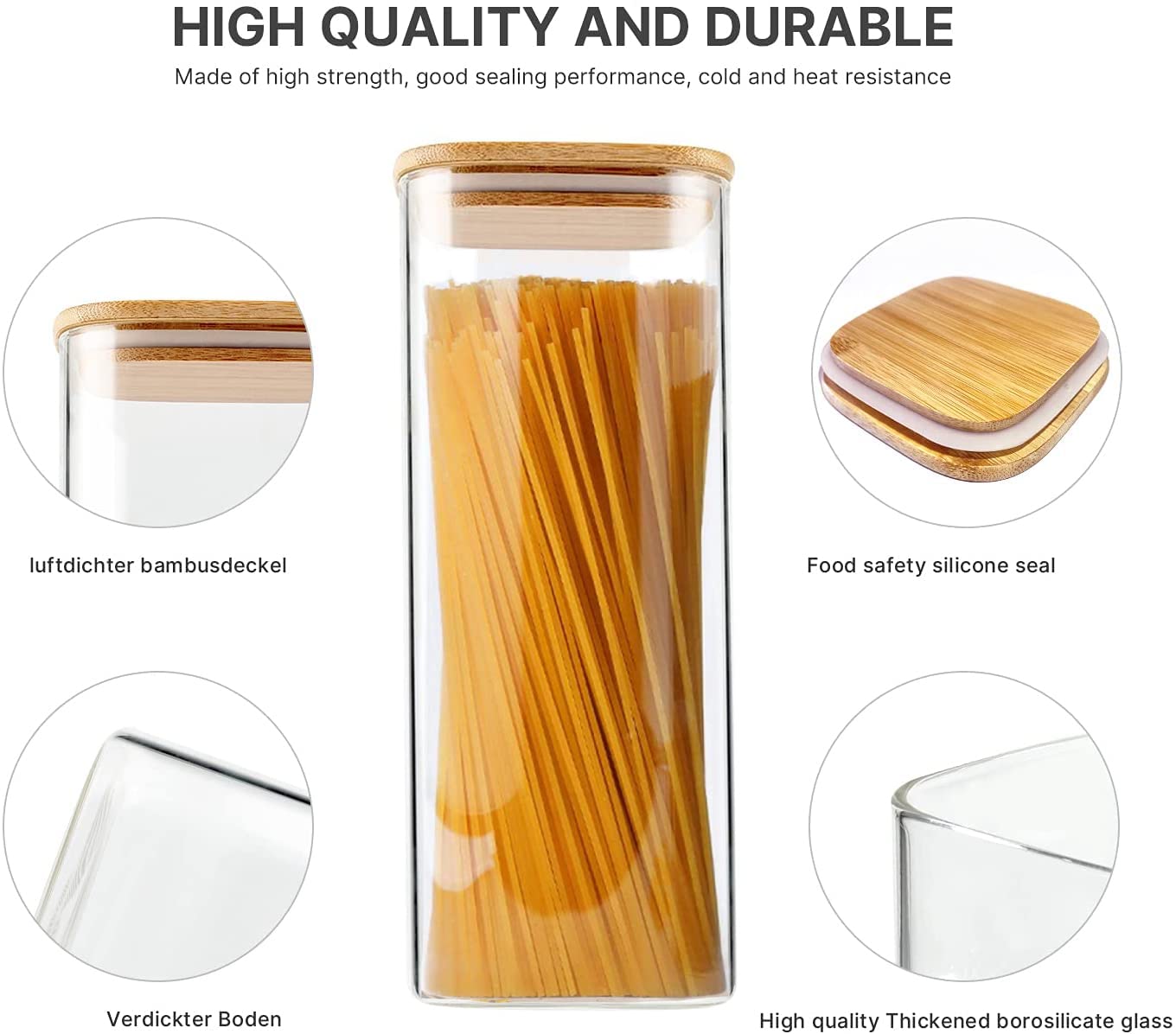 Liuruiyu bamboo lids on square jars provide a secure, natural lid fit.