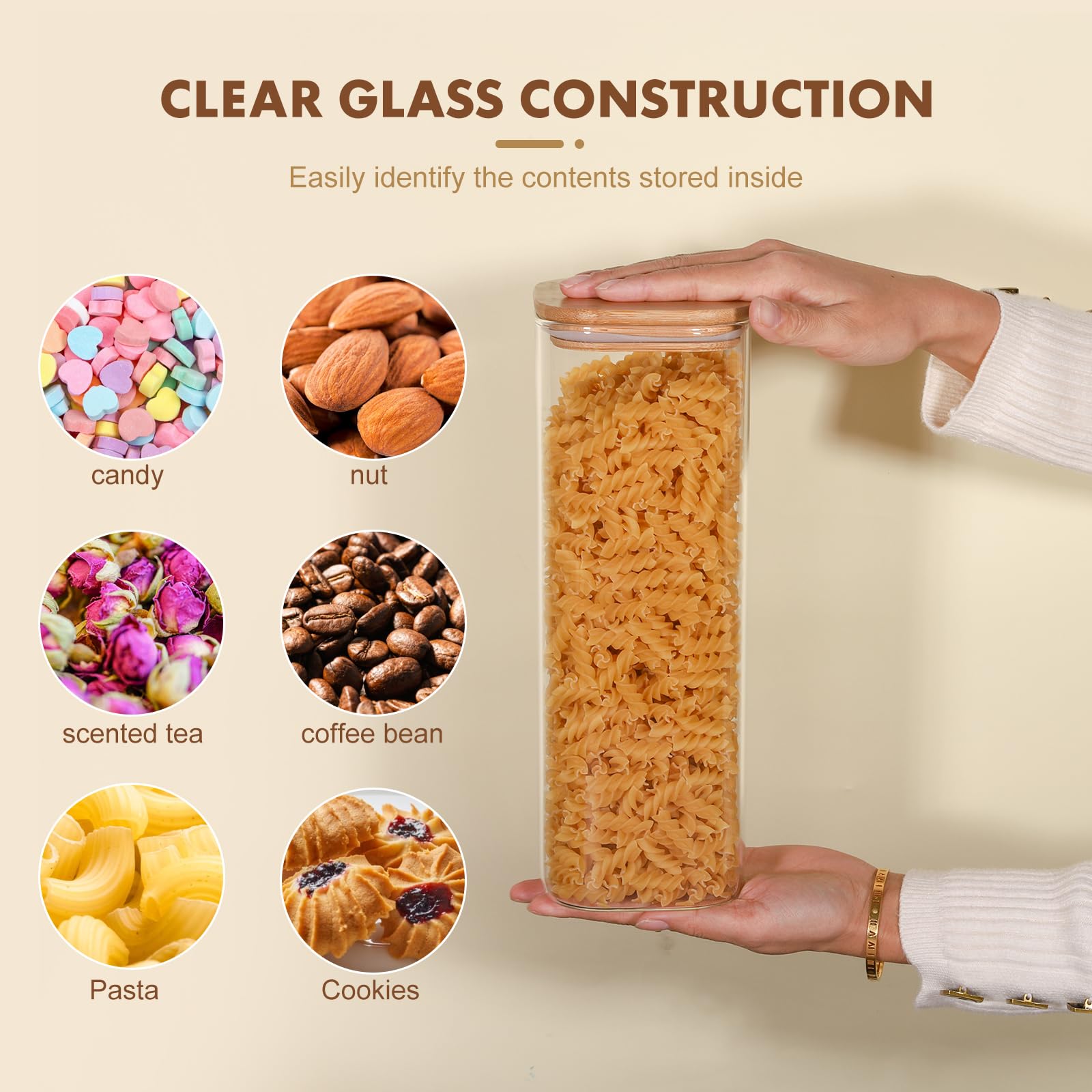Liuruiyu 76 oz square jars in clear glass for easy content identification.