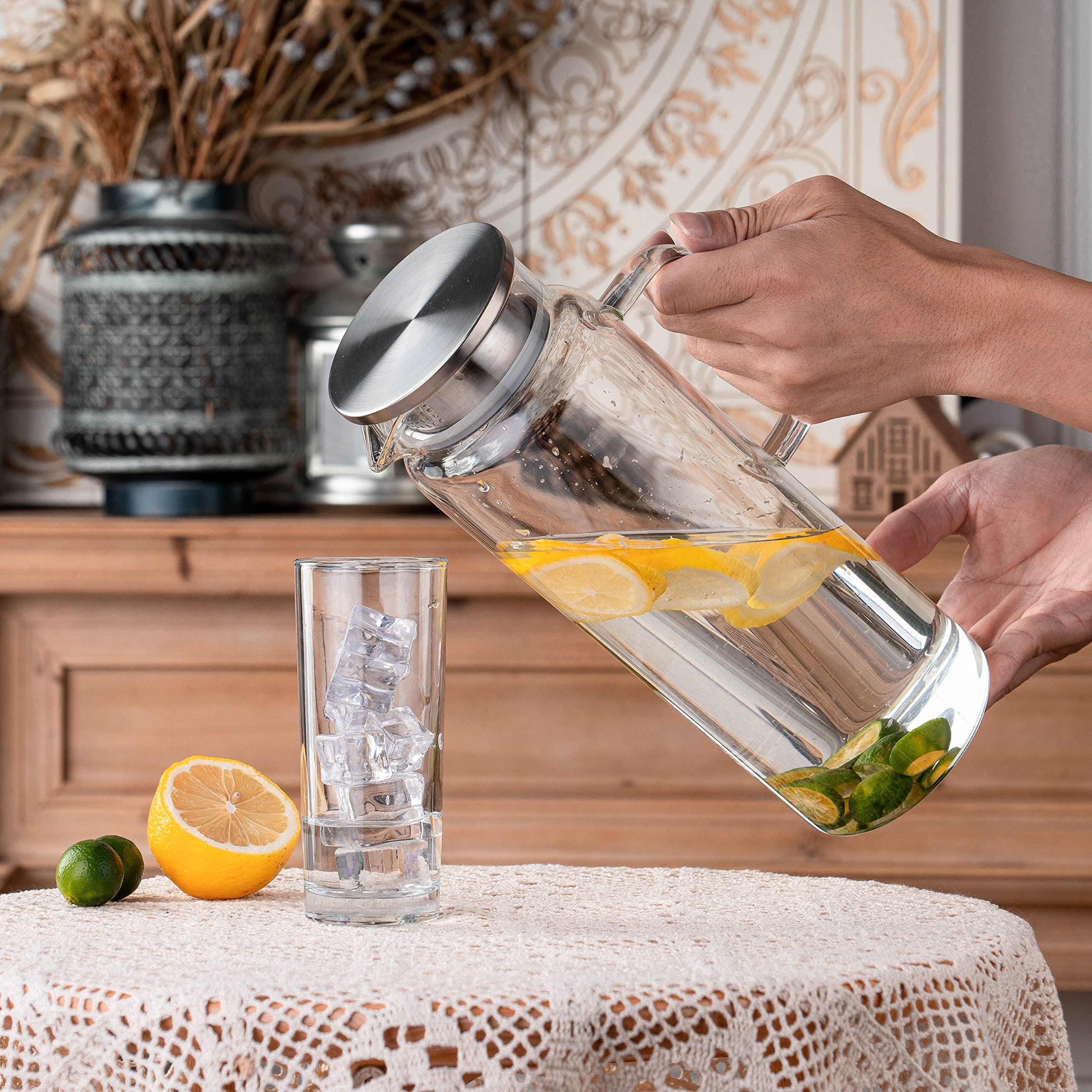 Liuruiyu 64-ounce pitcher withstands fridge to boil temperature ranges safely.