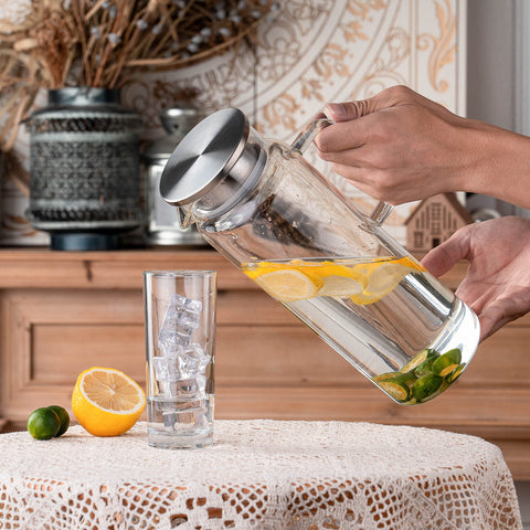Liuruiyu 64-ounce pitcher withstands fridge to boil temperature ranges safely.