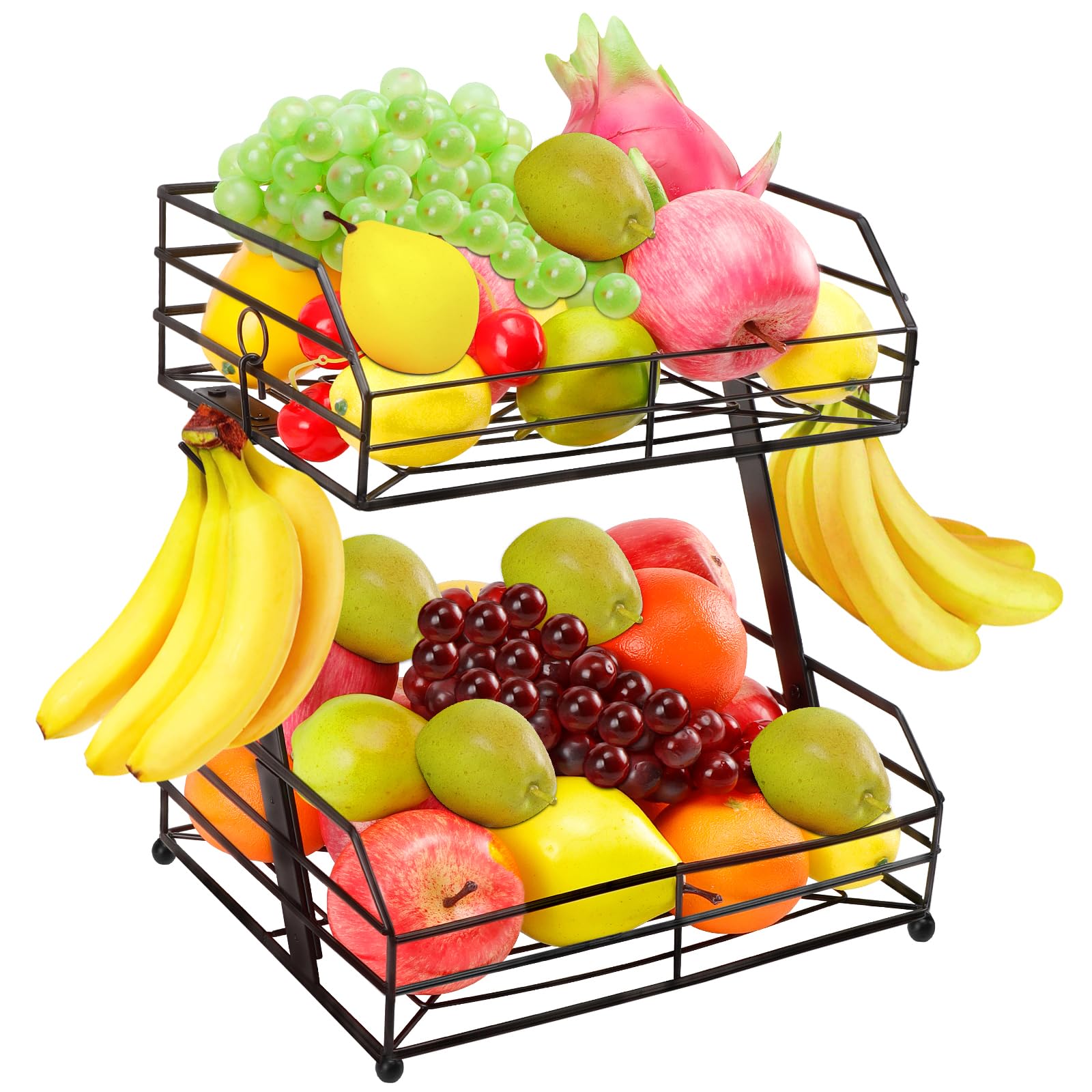Livabber 2-tier fruit basket with banana hooks keeps fruit organized and accessible.