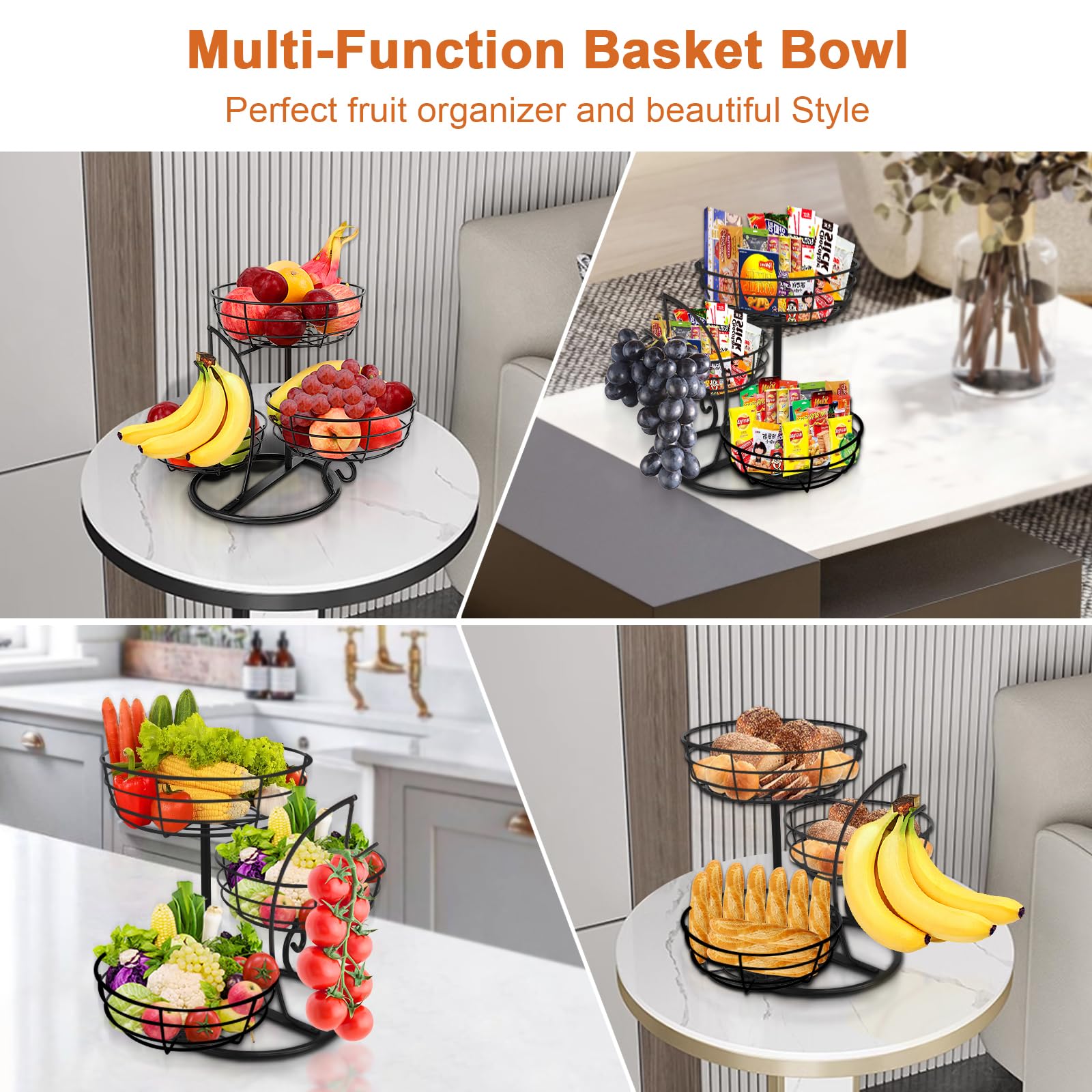 Livabber 3-tier basket assembly demonstrates versatile storage for fruit, bread, and snacks.