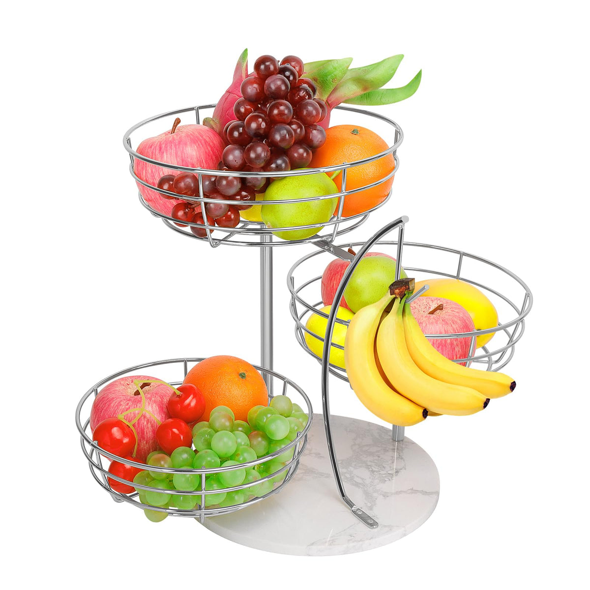 Livabber 3-tier fruit basket with banana hanger on chrome frame for organized countertop storage.