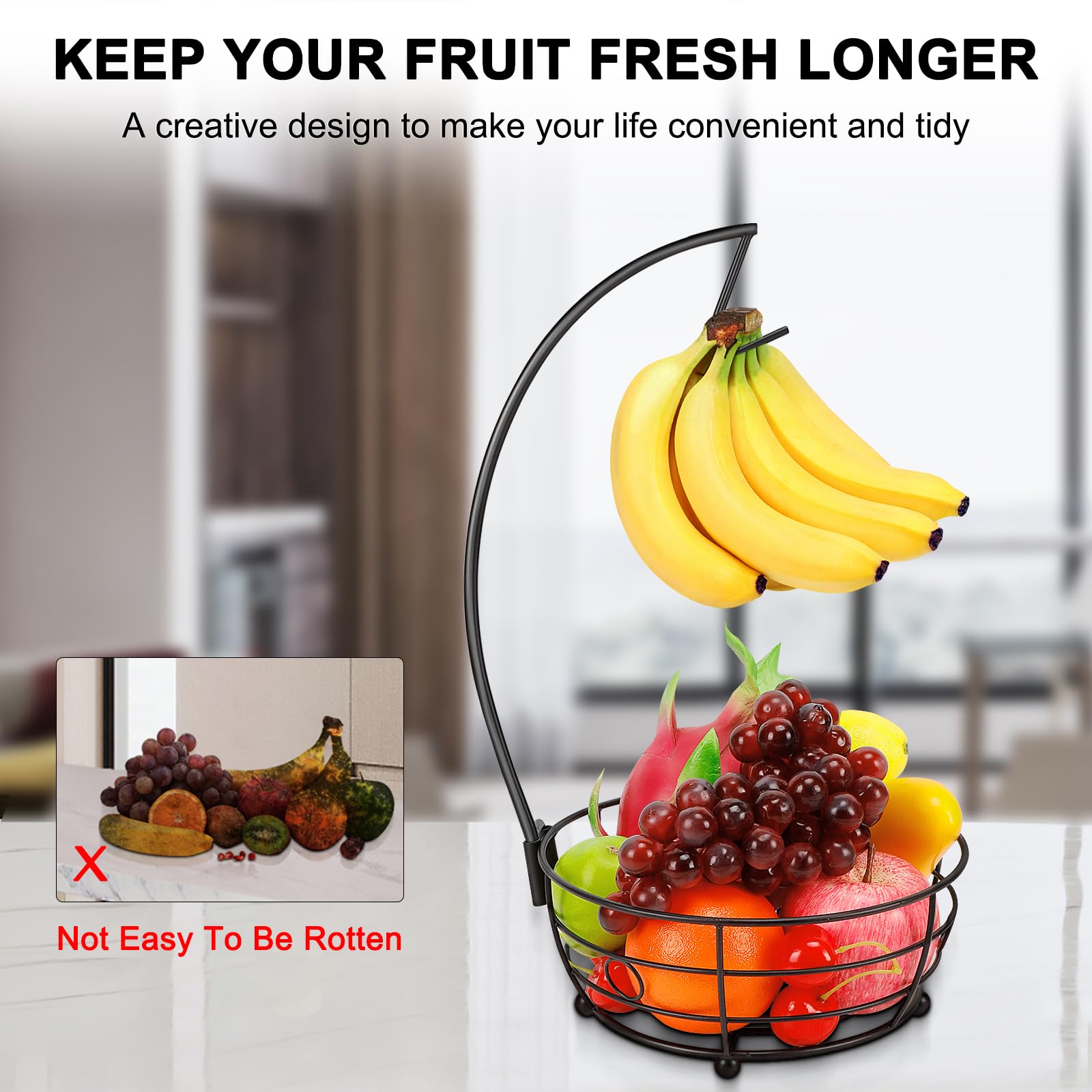 Livabber banana tree holder keeps bananas elevated to prevent bruising.
