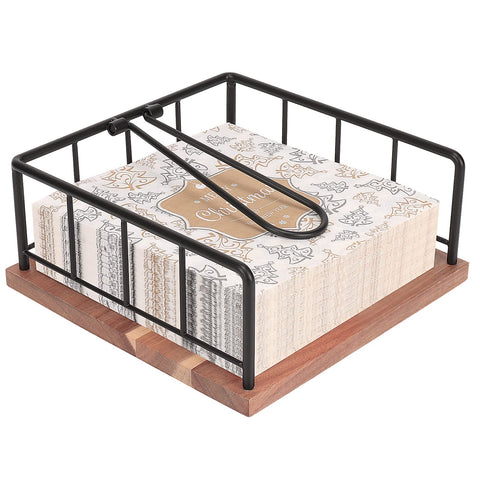 Livabber flat napkin holder with wooden base keeps napkins neatly accessible on the counter.