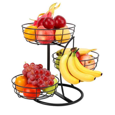 Livabber 3-tier fruit basket with banana hanger on a kitchen counter keeps fruit organized.