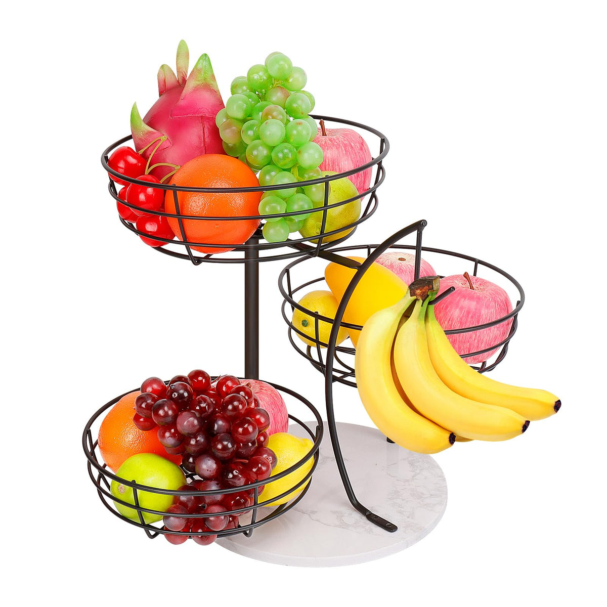 Livabber three-tier fruit basket with banana hanger on a durable marble base for organized counter storage.