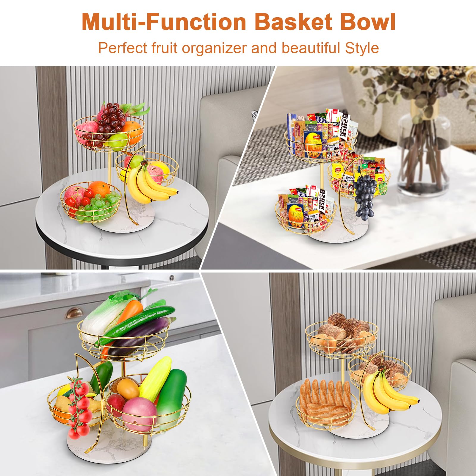 Fruit, vegetables, bread, and snacks neatly arranged on Livabber rack