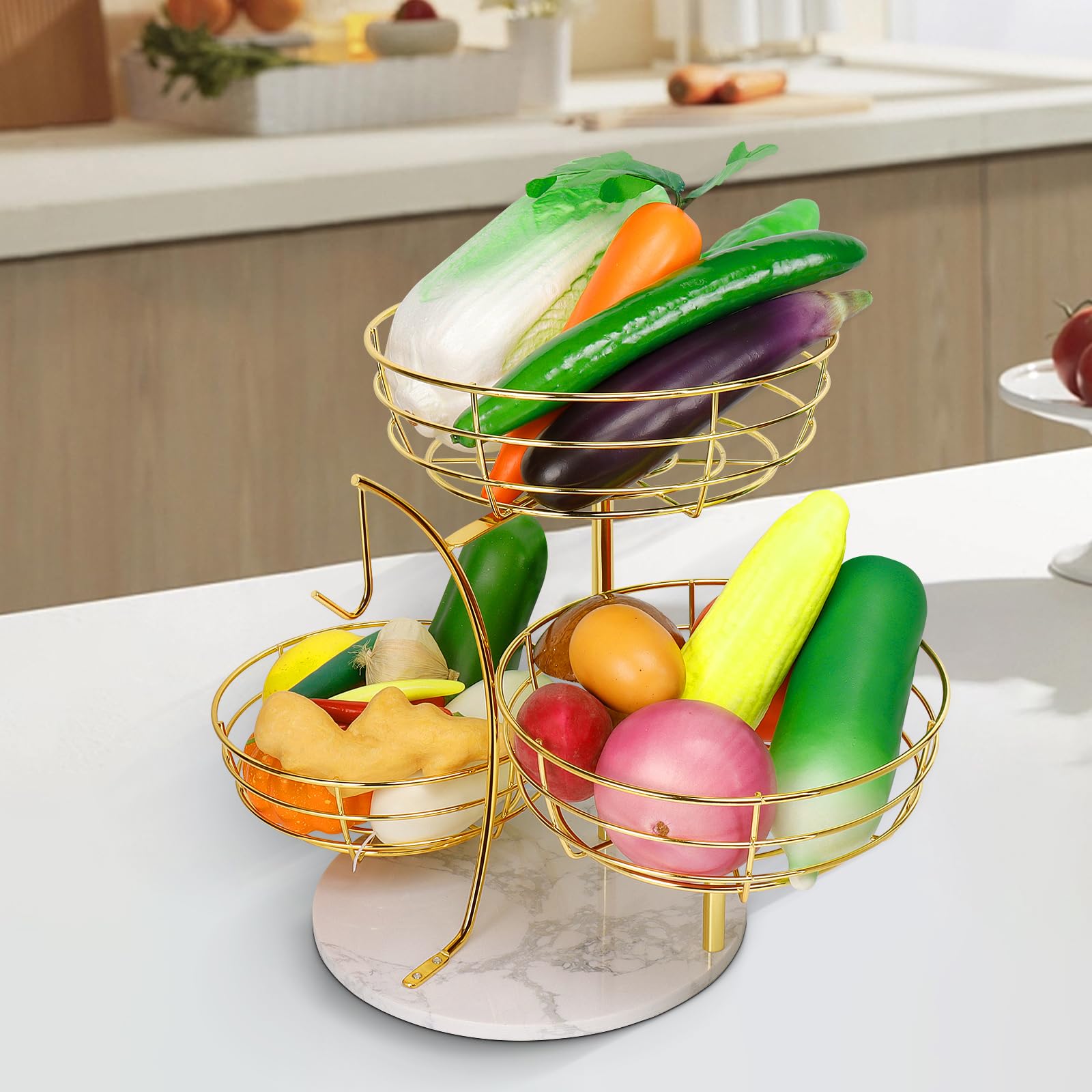 Gold-finish Livabber fruit basket complements modern kitchen decor