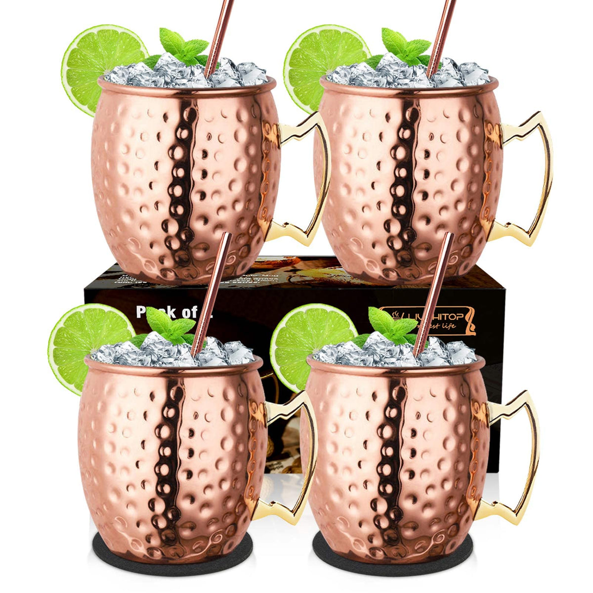 LIVEHITOP Moscow Mule mugs set of four with handcrafted copper finish for elegant entertaining.