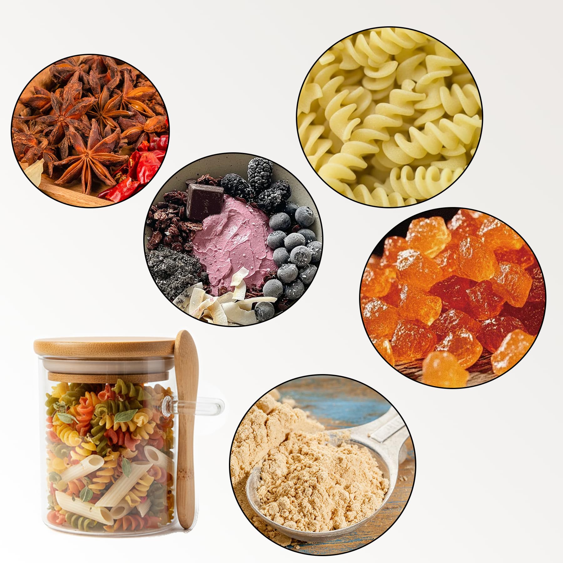 Livejun glass jar for spice, coffee, or tea storage with clear visibility.