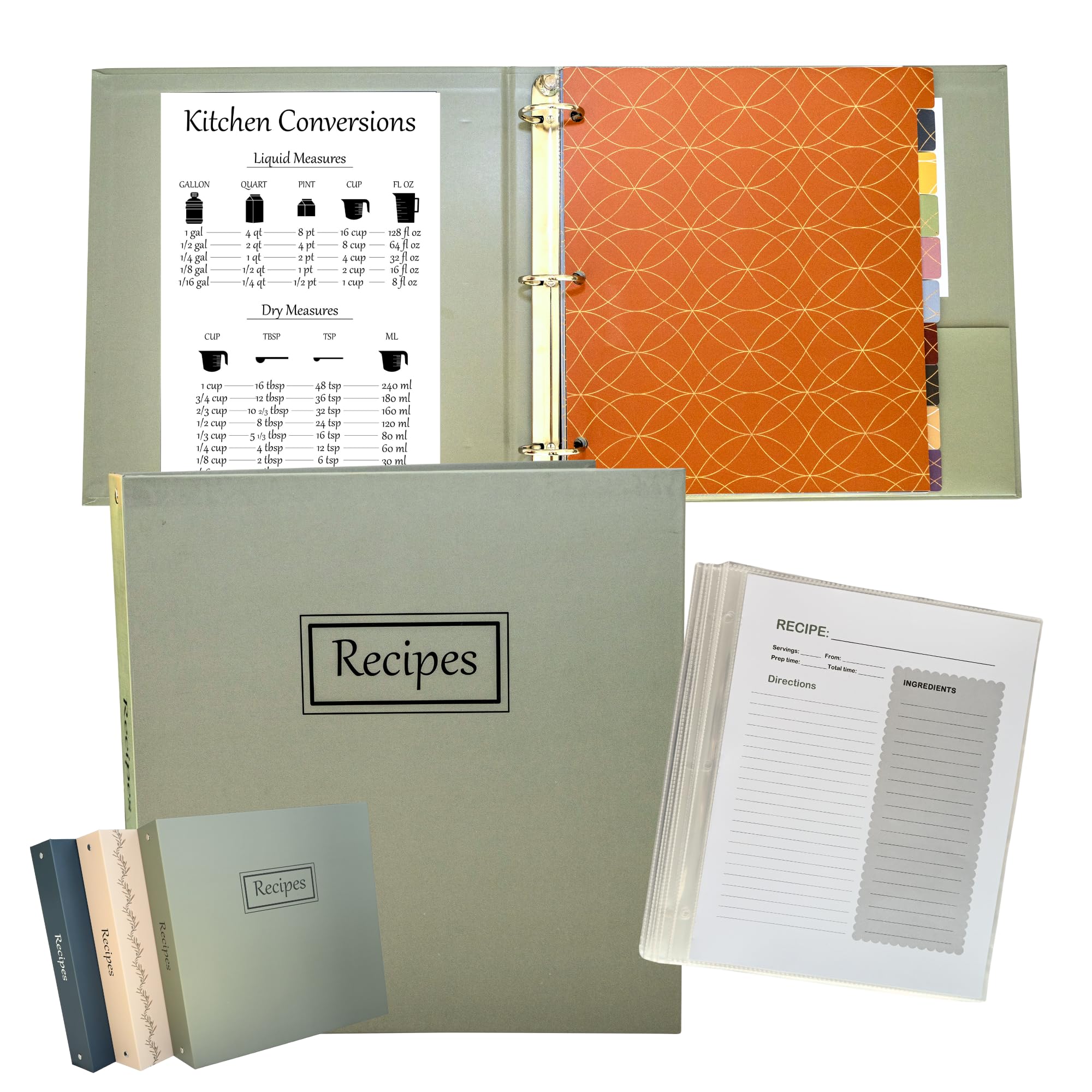 Liv'in Free sage green recipe binder front cover highlights water-resistant durability for kitchens.