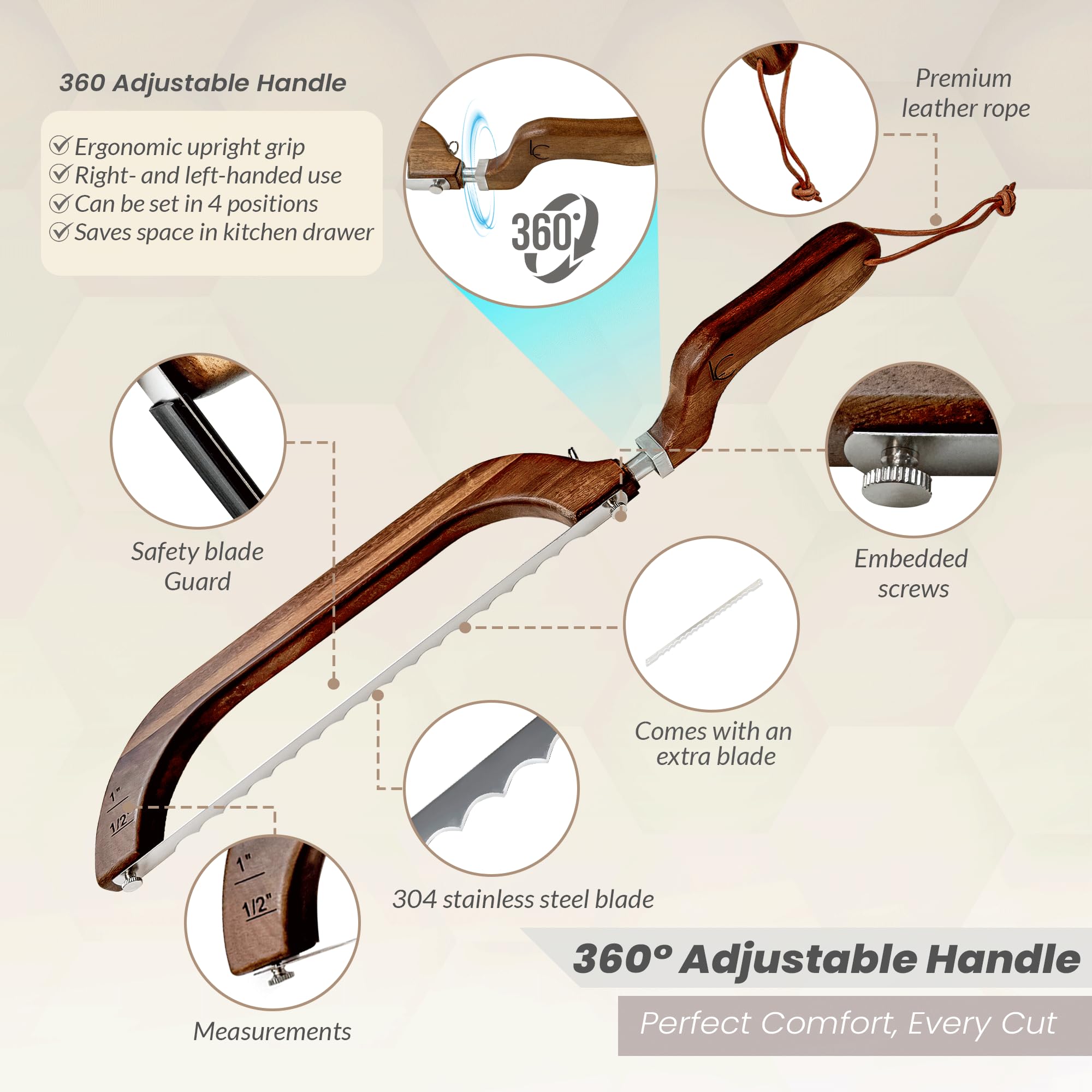 Adjustable handle on Living Canvas Design bread bow knife for ambidextrous use.