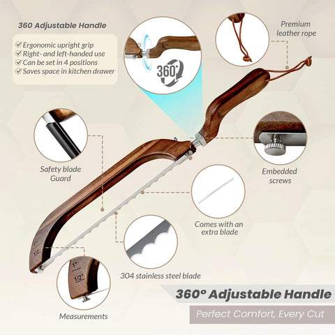 Adjustable handle on Living Canvas Design bread bow knife for ambidextrous use.