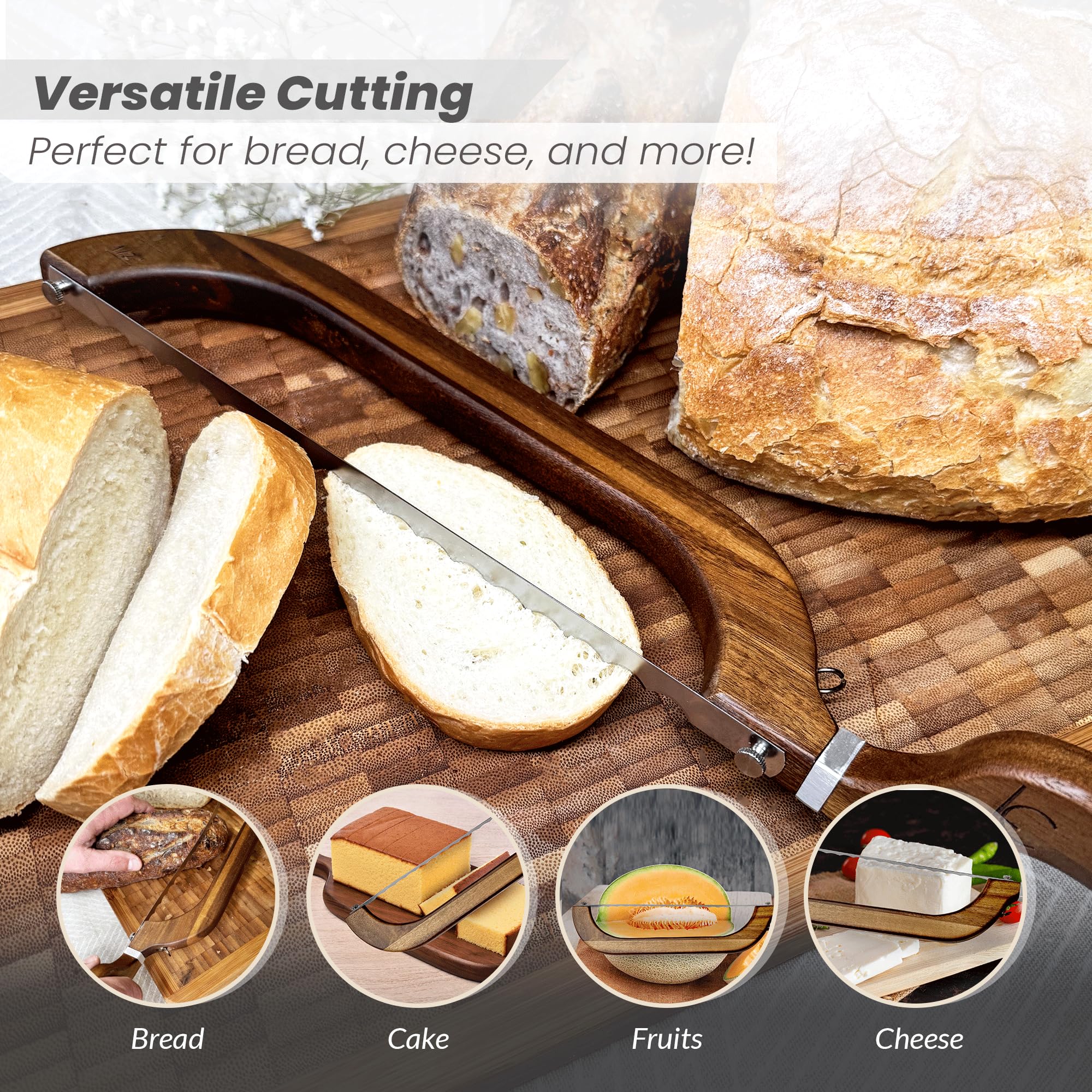 Stainless-steel serrated blade of Living Canvas Design bread bow knife for crusty loaves.