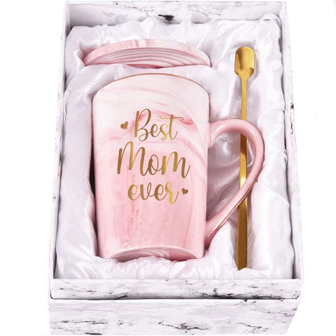 Livinges Best Mom Ever mug front view in pink for daily coffee enjoyment.