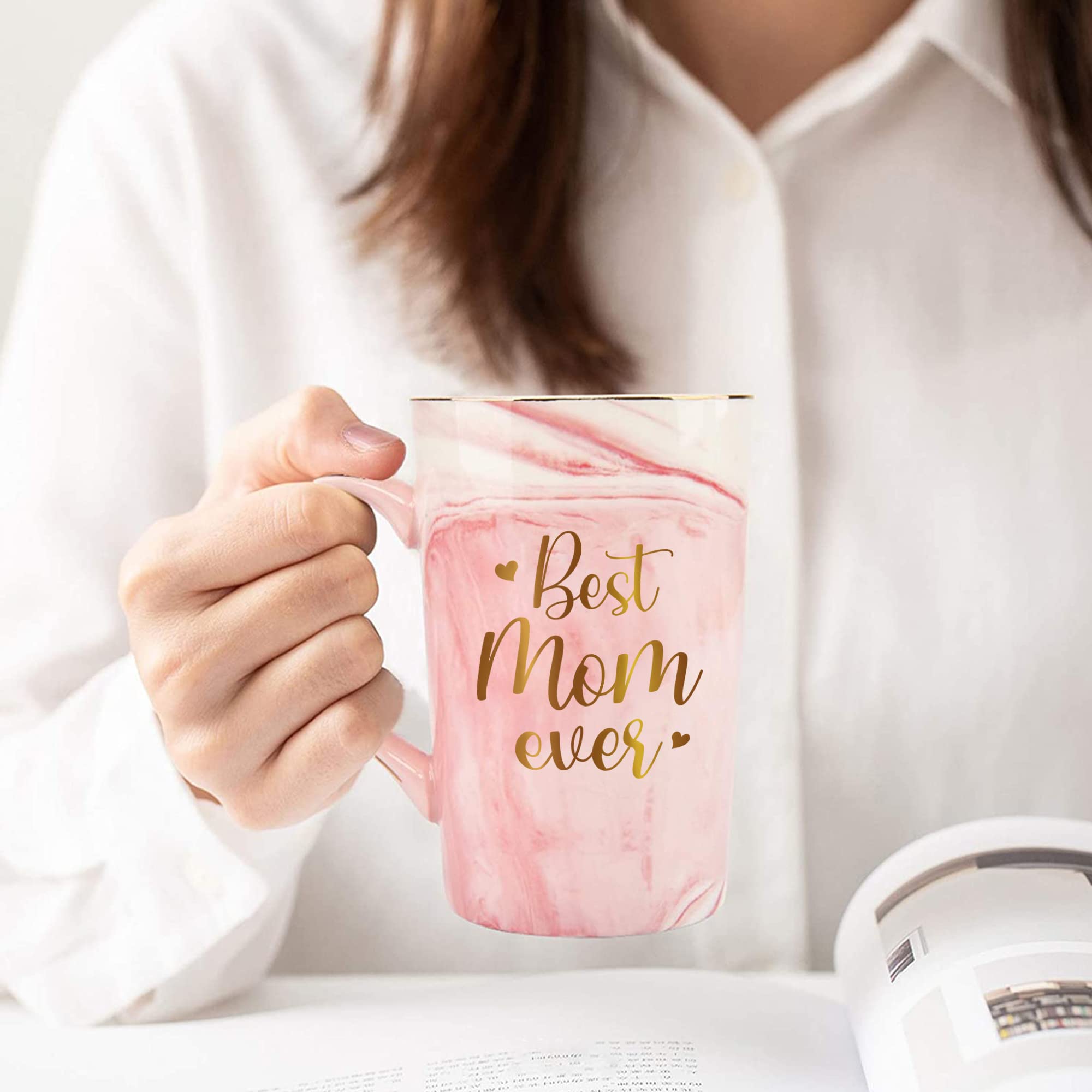 Livinges Best Mom Ever mug gift-ready pink mug with ribbon.