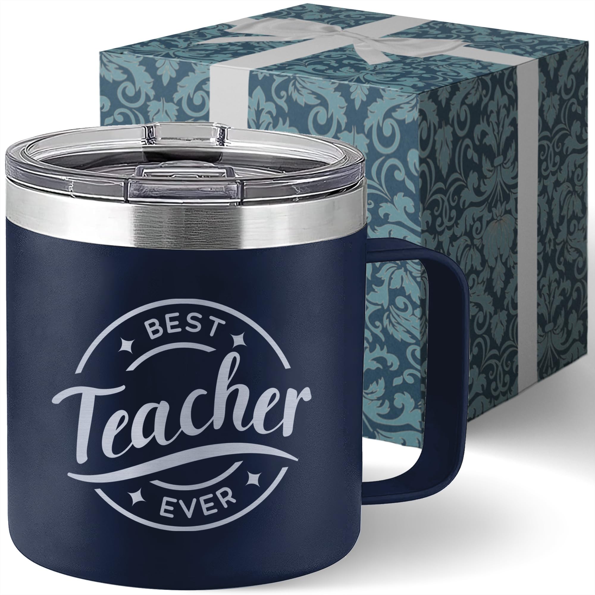 Livinges Best Teacher Ever tumbler front view with spill-free lid for on-the-go hydration
