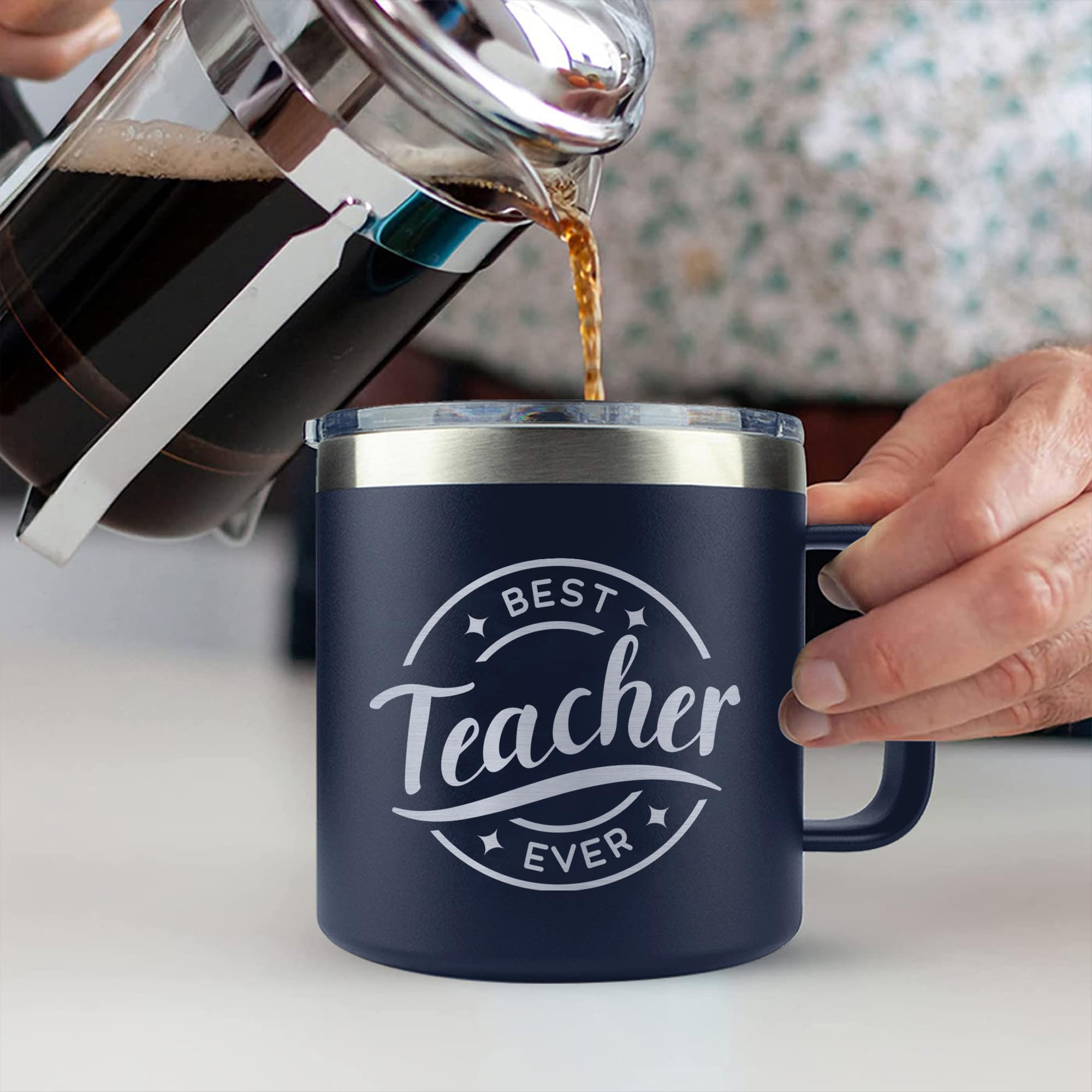Livinges Best Teacher Ever tumbler in hand during classroom use