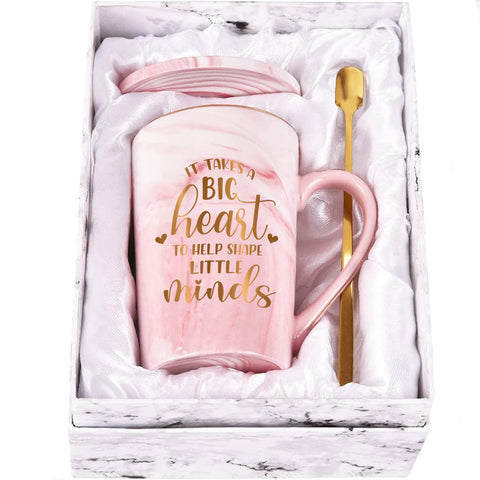 Livinges big-heart teacher mug pink 12oz on desk, thoughtful gift for teachers