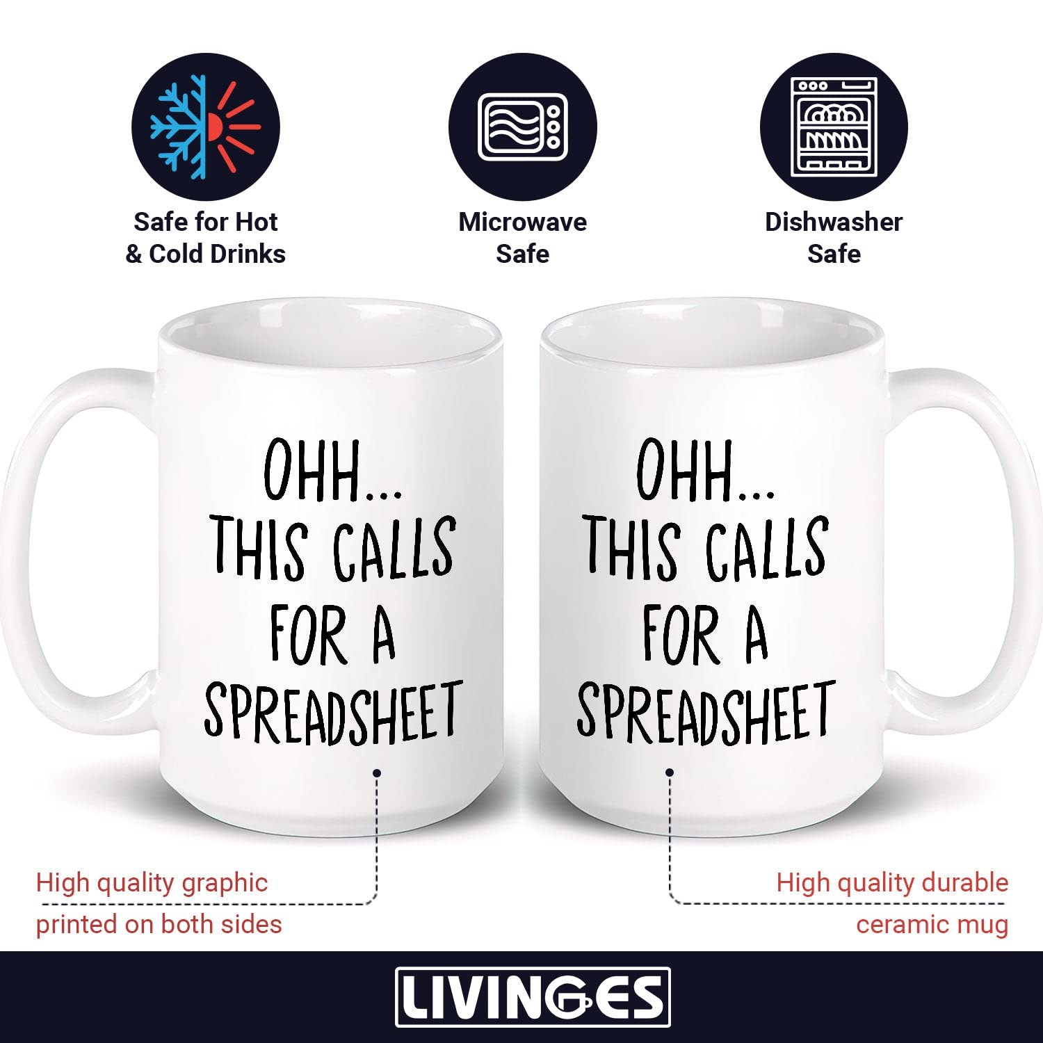 Livinges front view of spreadsheet mug, perfect for caffeine fueled accounting mornings.