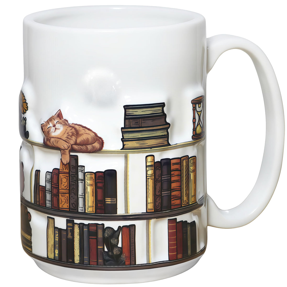 Livinges full-wrap 3D book mug with library shelf design for cozy reading breaks.