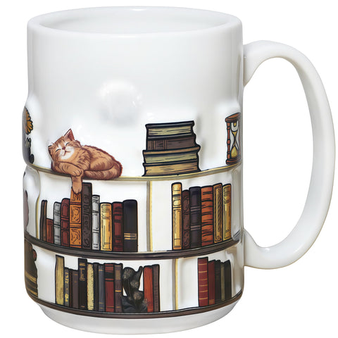 Livinges full-wrap 3D book mug with library shelf design for cozy reading breaks.