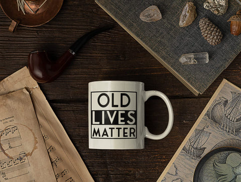 Livinges Old Lives Matter mug, easy-clean ceramic with fade-resistant print.