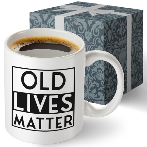 Livinges Old Lives Matter mug, front view, ideal for daily coffee.