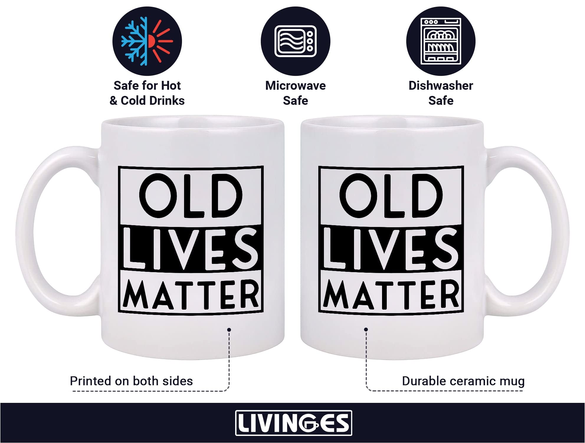 Livinges Old Lives Matter mug, side view, comfortable C-shaped handle.