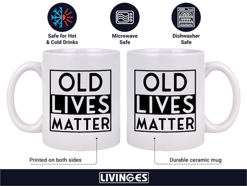 Livinges Old Lives Matter mug, side view, comfortable C-shaped handle.