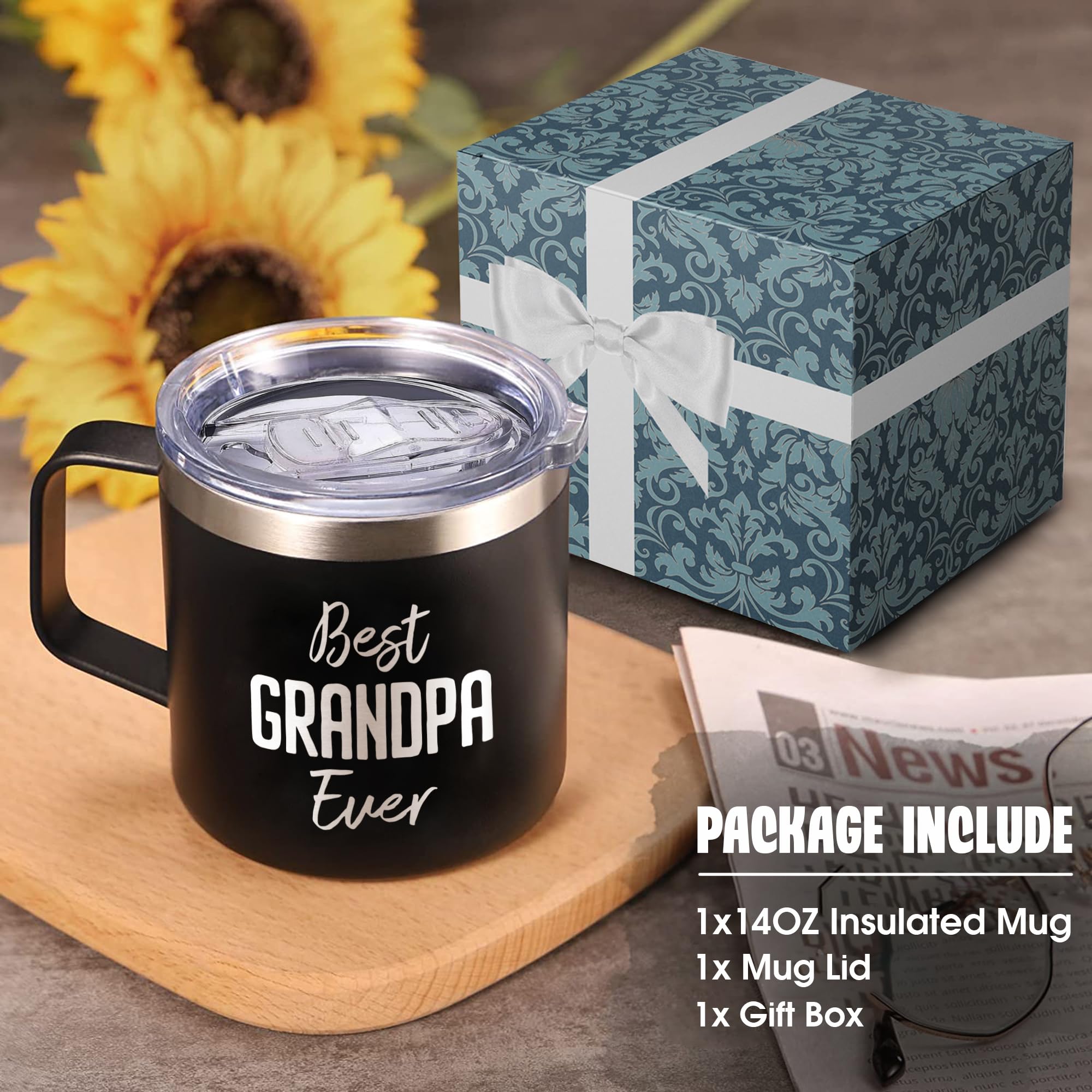 Livinges Papa Coffee Mug with lid on for travel-friendly use
