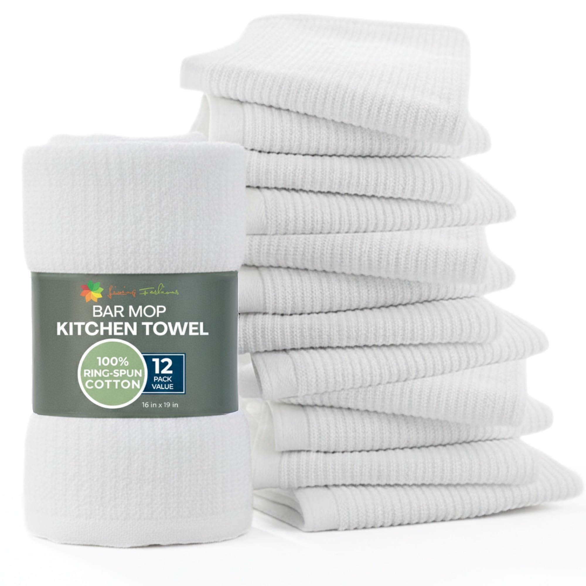 Living Fashions Bar Towels 16x19 inches with hemmed edges for durable kitchen use.