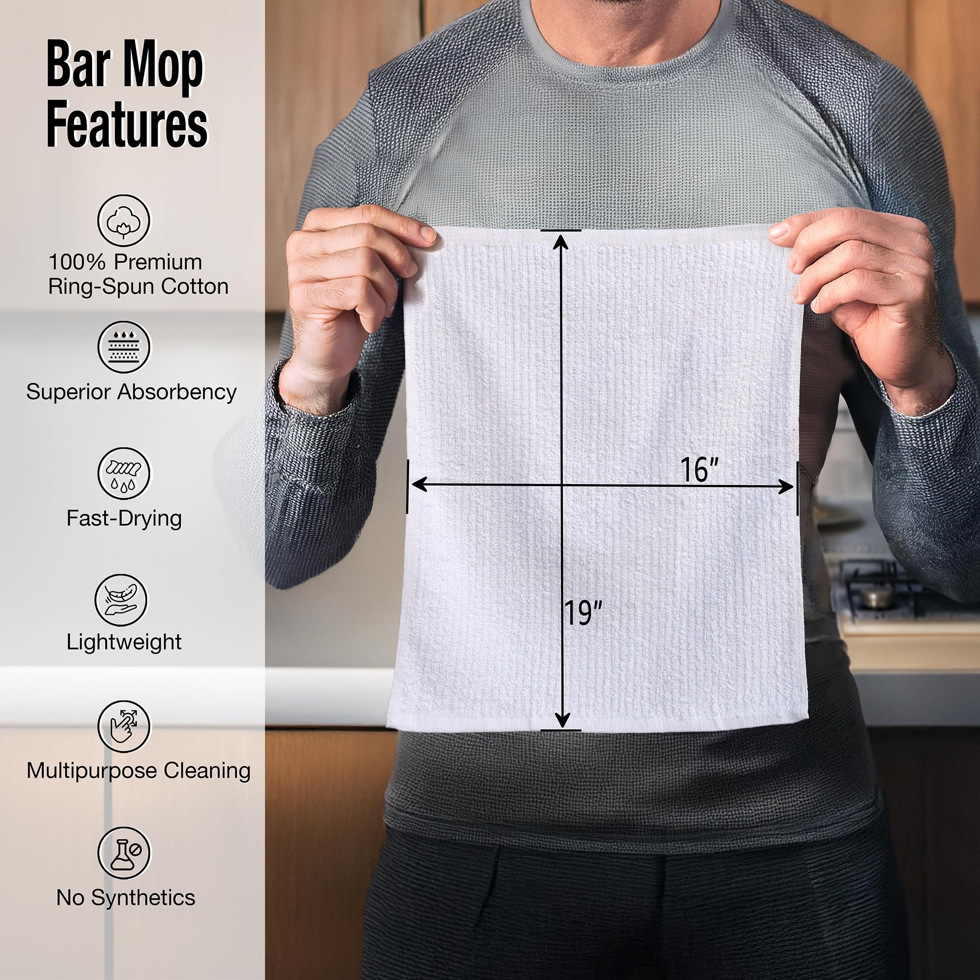 Living Fashions bar towels, absorbent cotton ideal for quick spill cleanup.