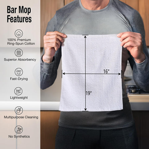 Living Fashions bar towels, absorbent cotton ideal for quick spill cleanup.