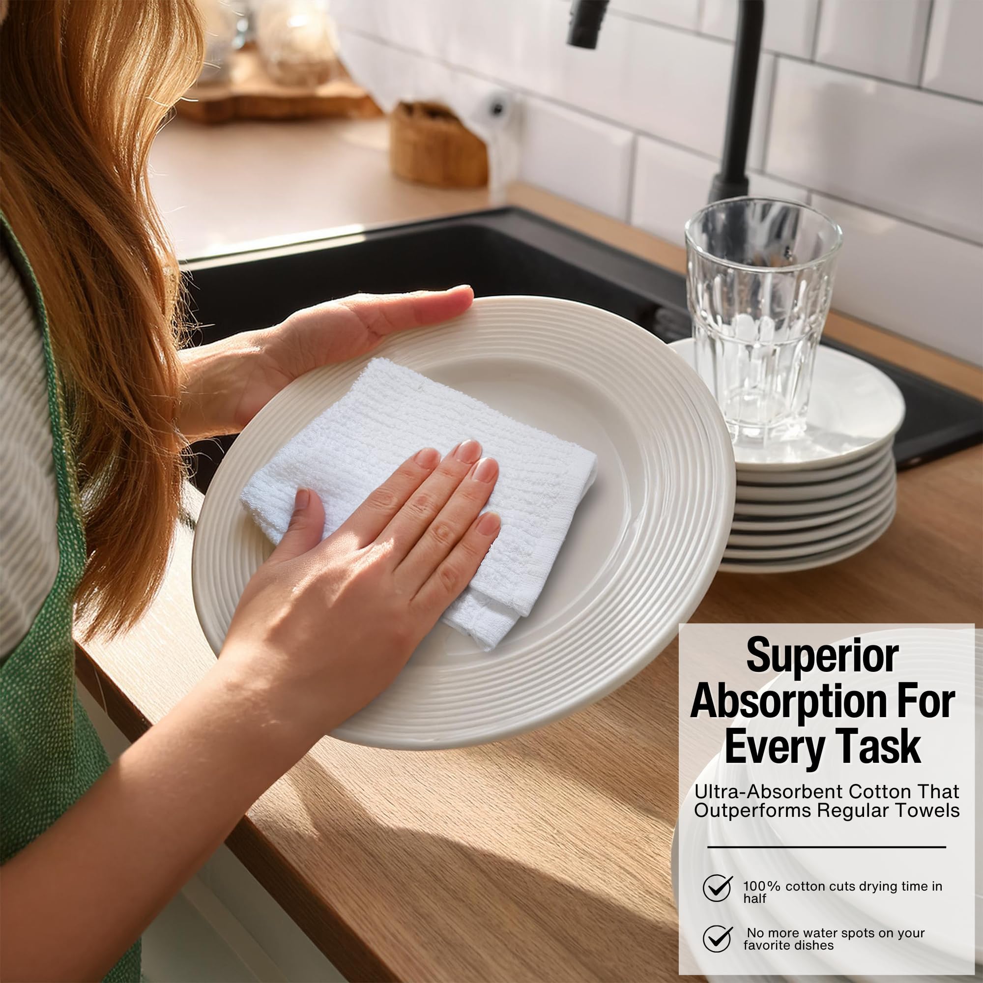 Living Fashions white cleaning towels versatile for restaurant, office, and home tasks.
