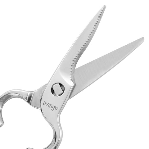 LIVINGO kitchen forged shears closeup blades highlight rust-resistant, sharp edges.