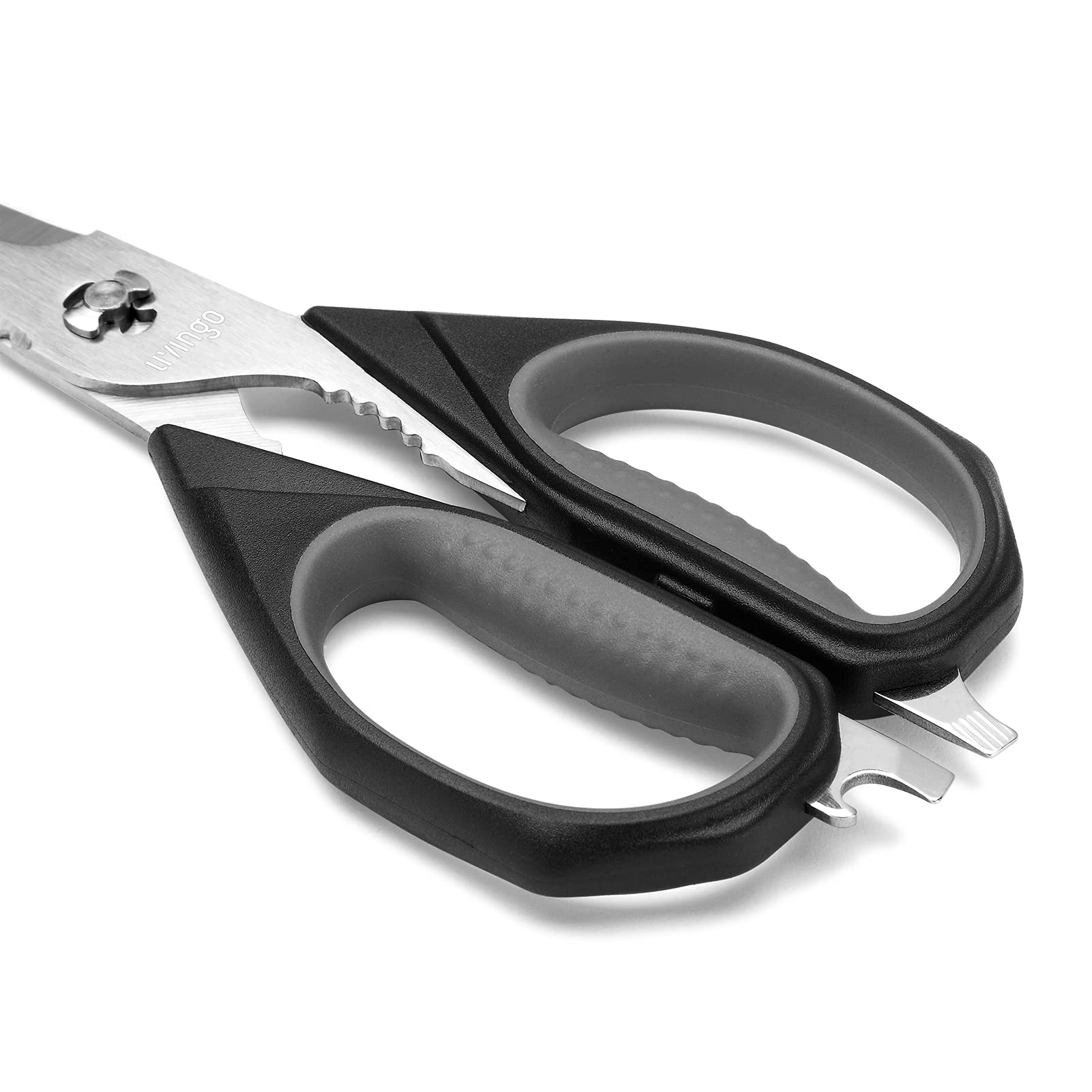 Livingo kitchen scissors serrated edge provides grip on slippery foods.